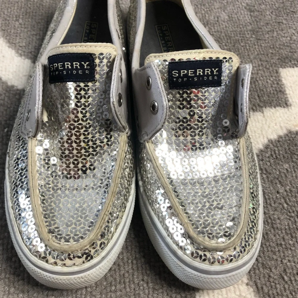 Sperry Loafers Womens 8.5 Topsider Silver Sequin Lace Up Shoes